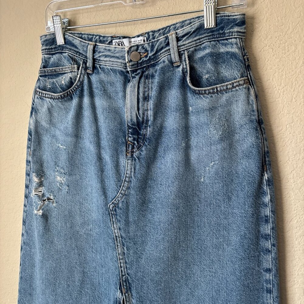 Zara Distressed Released Hem Front Slit Denim Blue Jean Midi Skirt - Picture 4 of 9